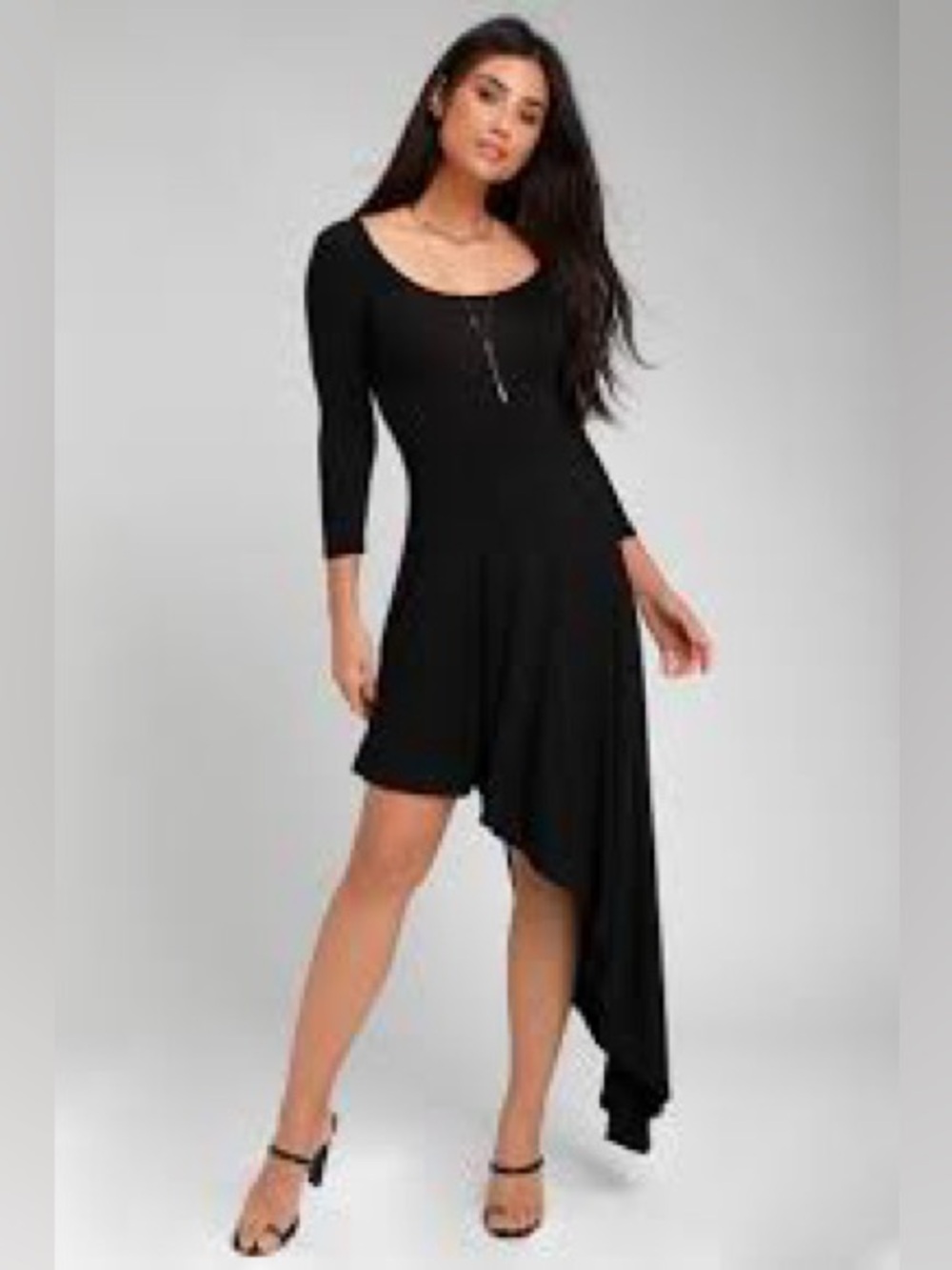 Lulus Marsha Black Half-Sleeve Asymmetrical Midi Dres.